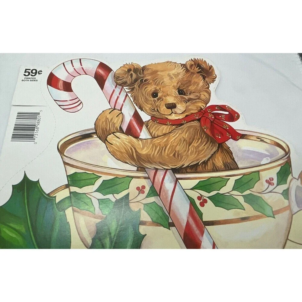 Vintage 2 Paper Magic Group Candy Cane Bear In Tea Cup Christmas Decoration 10”